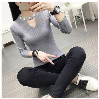 Long-sleeve Keyhole Front Embellished Knit Top As Shown In Figure - One Size