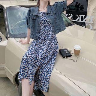 Set: Puff-sleeve Denim Jacket + Spaghetti-strap Floral Midi A-line Dress