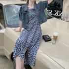 Set: Puff-sleeve Denim Jacket + Spaghetti-strap Floral Midi A-line Dress