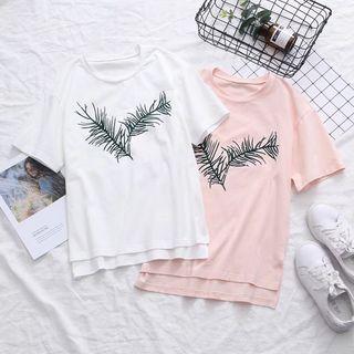 Short-sleeve Leaf Print Beaded T-shirt