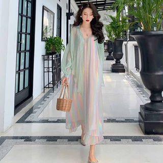 Spaghetti Strap Asymmetric Midi Dress / Long-sleeve Shirt