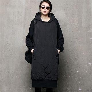 Raglan-sleeve Quilted Hoodie Dress Black - One Size