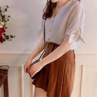 V-neck Tie-sleeve Linen Blend Blouse