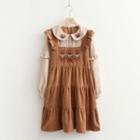 Long-sleeve Bear Embroidered Tiered A-line Dress