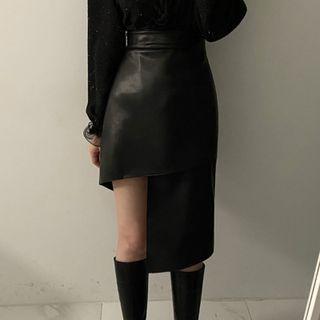 High-waist Faux-leather Irregular-hem Mini Skirt