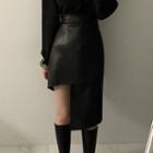 High-waist Faux-leather Irregular-hem Mini Skirt