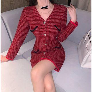 Long-sleeve Striped Rhinestone-embellished Mini Sheath Dress Red - One Size