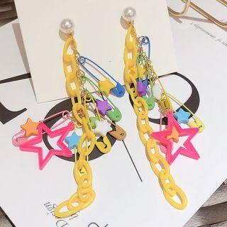 Faux Pearl Acrylic Star & Chain Safety Pin Fringed Earring 1 Pair - As Shown In Figure - One Size