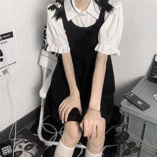 Set: Short-sleeve Frill Trim Blouse + Mini A-line Overall Dress