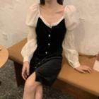 Lantern-sleeve Mock Two Piece Single Breasted Dress Black - One Size