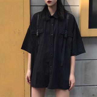 Elbow-sleeve Buckled Striped Shirt