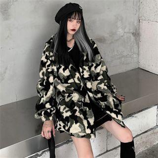 Camo Print Hooded Zip Jacket As Shown In Figure - One Size