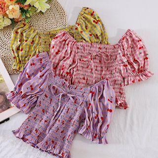 Square-neck Puff Short-sleeve Ruched Top