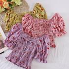 Square-neck Puff Short-sleeve Ruched Top