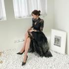 See-through Lace Maxi Shirtdress Black - One Size