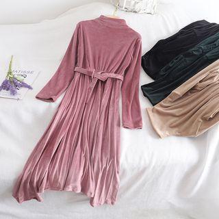 Mock Turtleneck Velvet Long-sleeve Midi Dress