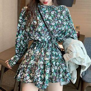 Balloon-sleeve Floral Print A-line Dress Floral - Green - One Size