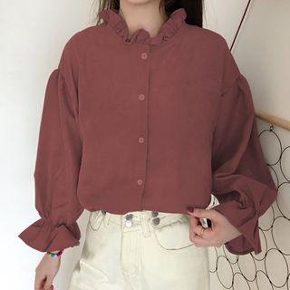 Long Sleeve Mock Neck Ruffle Trim Shirt