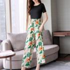 Set: Crew-neck Short-sleeve T-shirt + Printed Cropped Pants