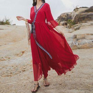 Contrast Trim Flared-sleeve Maxi A-line Dress