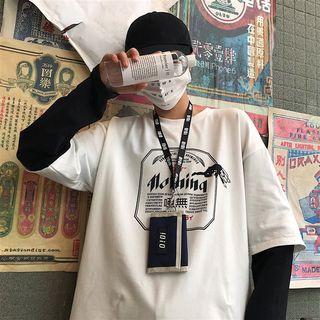 Mock Two-piece Long-sleeve Lettering T-shirt Black Sleeve - White - One Size