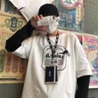 Mock Two-piece Long-sleeve Lettering T-shirt Black Sleeve - White - One Size