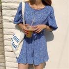 Set: Puff-sleeve Floral Print Blouse + Band-waist Shorts