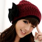 Wool-blend Bow-accent Beanie Wine Red And Black - One Size