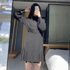 Stand-collar Plain Slub Cotton Tie-strap Dress