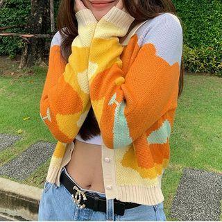 Patterned Cardigan Yellow & Tangerine & Blue - One Size