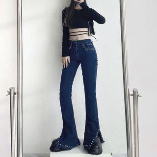 Beaded Side-slit Bootcut Jeans