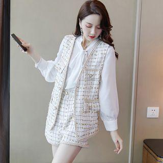 Set: Bow Accent Blouse + Plaid Vest + Shorts