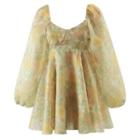 Balloon-sleeve Print Mesh Mini A-line Dress