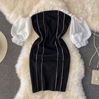 Puff Sleeve Off Shoulder Color Block Sheath Dress