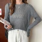 Long-sleeve Plain Perforated Knit Top