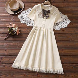 Short Sleeve Embroidered Bow Detail Dress