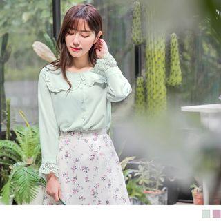 Frilled Trim Collar Lace Panel Long Sleeve Blouse