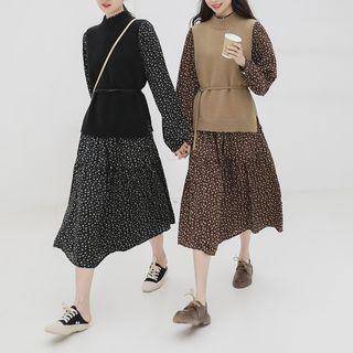 Knit Vest / Long-sleeve Floral Dress