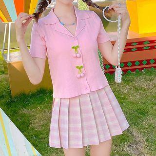 Short-sleeve Cherry-accent Open-collar Shirt / Plaid Pleated Mini A-line Skirt