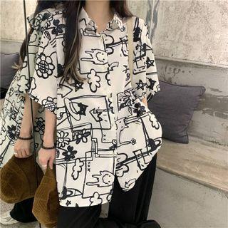 Elbow-sleeve Doodle Print Shirt Black & White - One Size