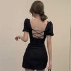 Puff-sleeve Square Neck Cutout-back Mini Bodycon Dress Black - One Size