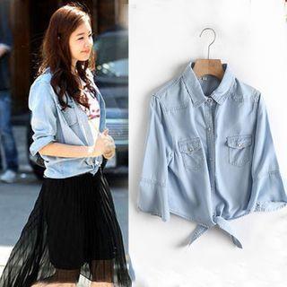 Tie-waist 3/4-sleeve Denim Shirt