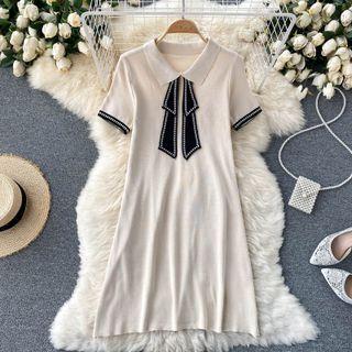Color Panel Bow Knit Short-sleeve Dress