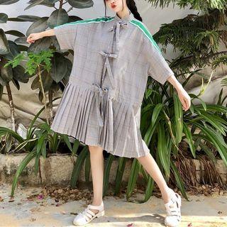 3/4-sleeve Contrast-trim Plaid Dress