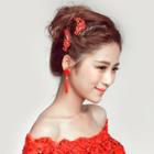 Bridal Set: Flower Rhinestone Hair Comb + Tasseled Clip-on Earrings