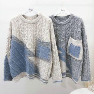 Long-sleeve Linen Flower Color Block Pocket Sweater