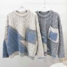 Long-sleeve Linen Flower Color Block Pocket Sweater