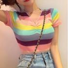 Short-sleeve Striped V-neck Knit Top Pink & Yellow & Blue - One Size