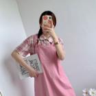 Plaid Short-sleeve Shirt / Plain Midi A-line Pinafore Dress