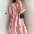 Plain Elbow-sleeve Tiered Midi A-line Dress Pink - One Size